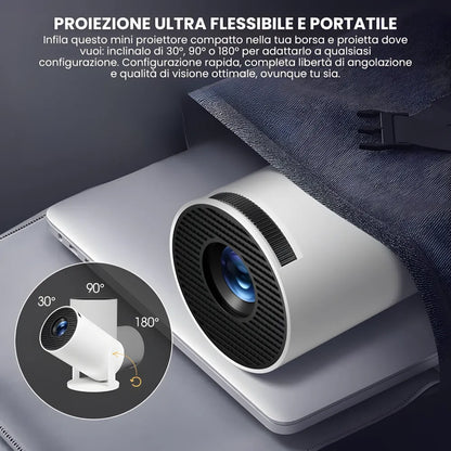 Mini proiettore HD portatile Android: base rotante 180°, autofocus, WiFi 6, Bluetooth e proiezione su muro o soffitto fino a 135”