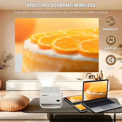Proiettore portatile Full HD Android 11: 650 ANSI, autofocus, Wi-Fi 6, Bluetooth 5.2 e rotazione 360° per cinema, gaming e streaming ovunque