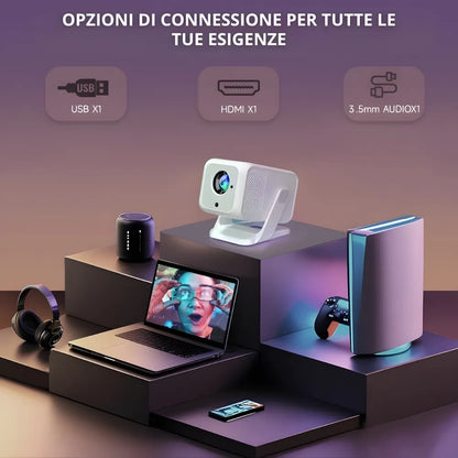 Proiettore portatile Full HD Android 11: autofocus, Wi-Fi 6, Bluetooth 5.2 supporto 180°, 420 ANSI lumen e streaming fino a 300 pollici ovunque