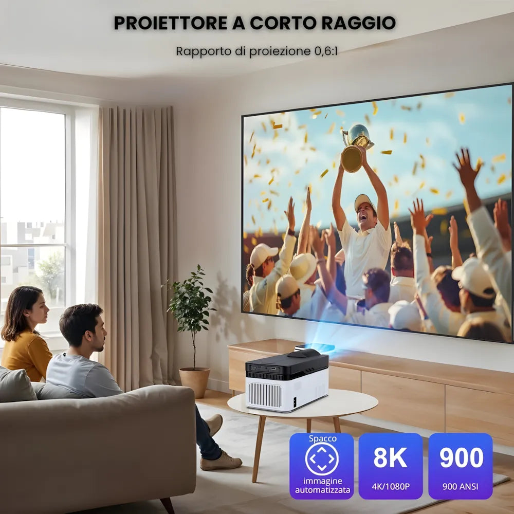 Proiettore home cinema ultra corta focale Full HD: Android 11, 900 ANSI lumen, autofocus, Wi-Fi 6 e immagine gigante a pochi centimetri dal muro