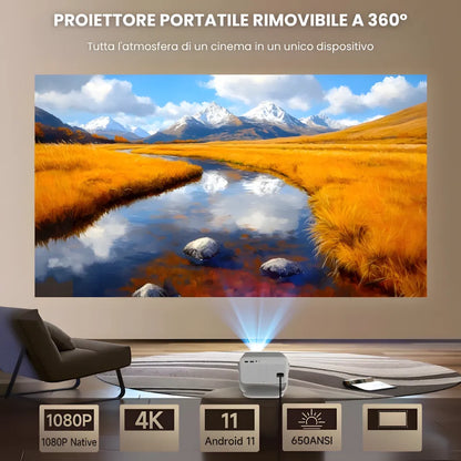 Proiettore portatile Full HD Android 11: 650 ANSI, autofocus, Wi-Fi 6, Bluetooth 5.2 e rotazione 360° per cinema, gaming e streaming ovunque
