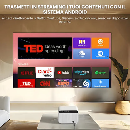 Proiettore Full HD Android: autofocus, Wi-Fi 6, Bluetooth 5.2 e streaming wireless fino a 300 pollici senza TV