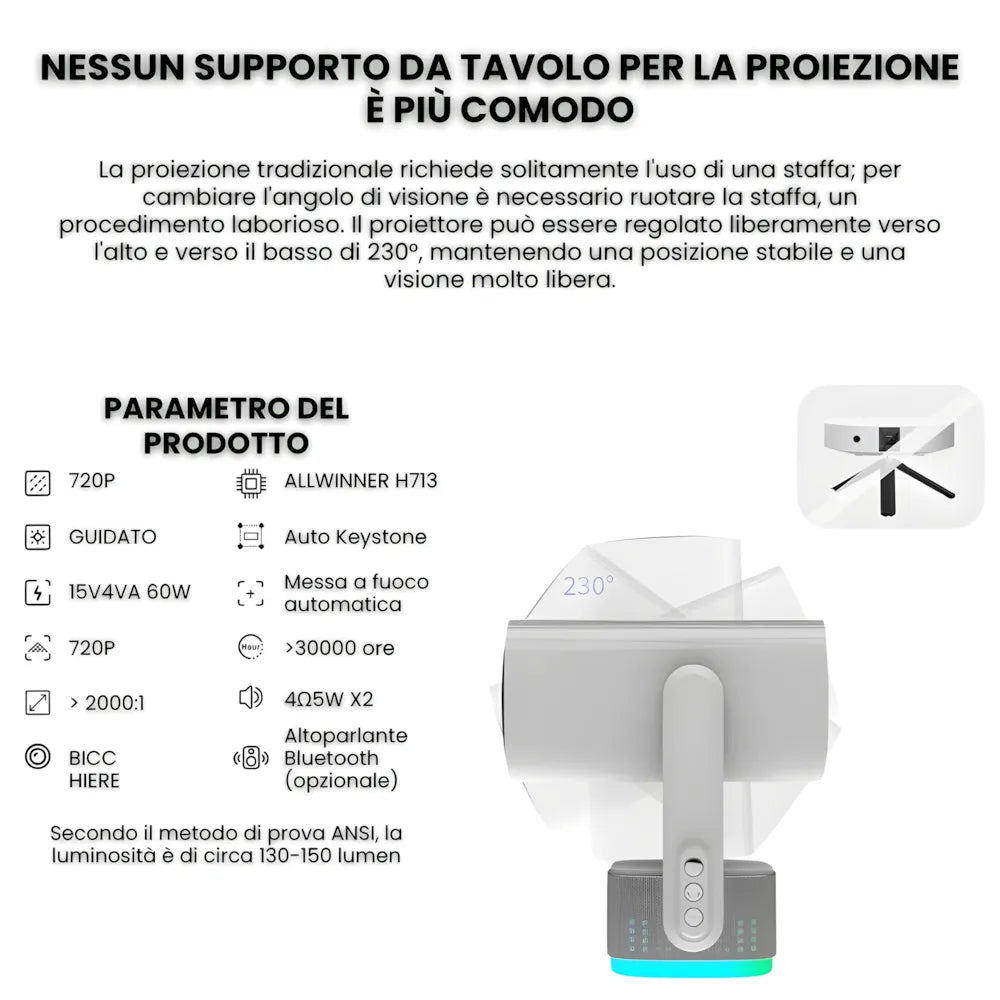 Proiettore Portatile Flessibile Android 11 – Angolo 230°, Autofocus, Batteria, WiFi 5G, Bluetooth 5.2, Audio 10W