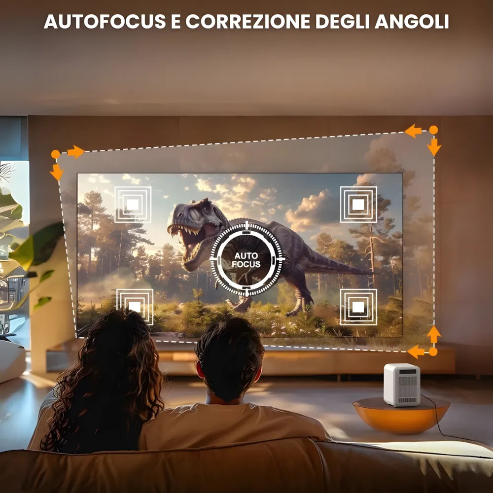 Mini proiettore compatto Android: HD 720p, auto focus, 300 ANSI lumen, anti-polvere e streaming fino a 200 pollici senza box esterno