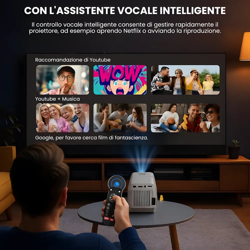 Proiettore portatile smart Full HD 1080p: Android 13, 500 ANSI lumen, base rotante, Wi-Fi 6 e streaming Netflix ovunque