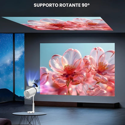 Mini proiettore portatile Android 13: 500 ANSI lumen, Wi-Fi 5G, rotazione 90°, plug and play per cinema ovunque
