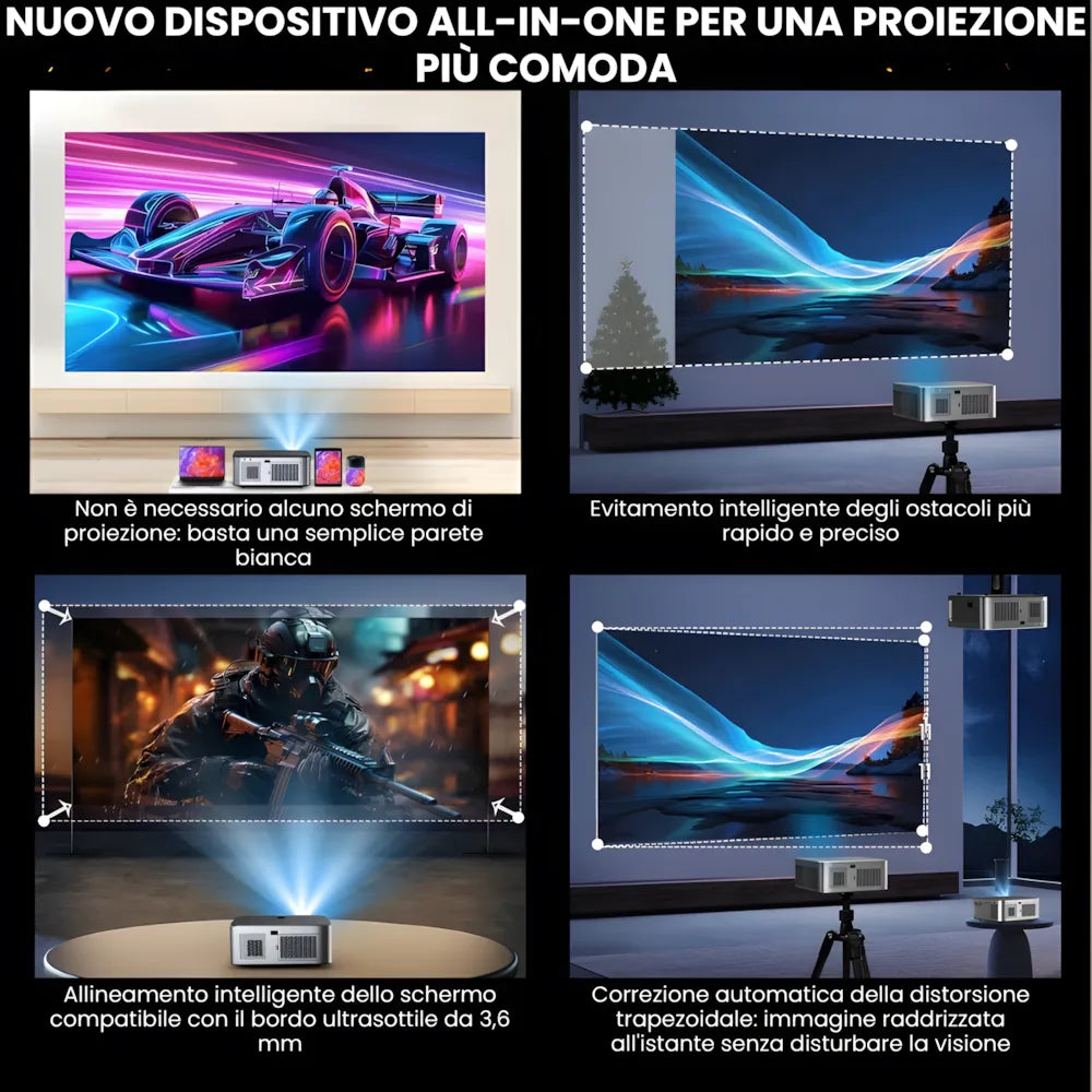 Proiettore home cinema Full HD 1100 ANSI: Android 9.0, autofocus, Wi-Fi 5G, Bluetooth 5.1 per streaming, gaming e cinema senza limiti