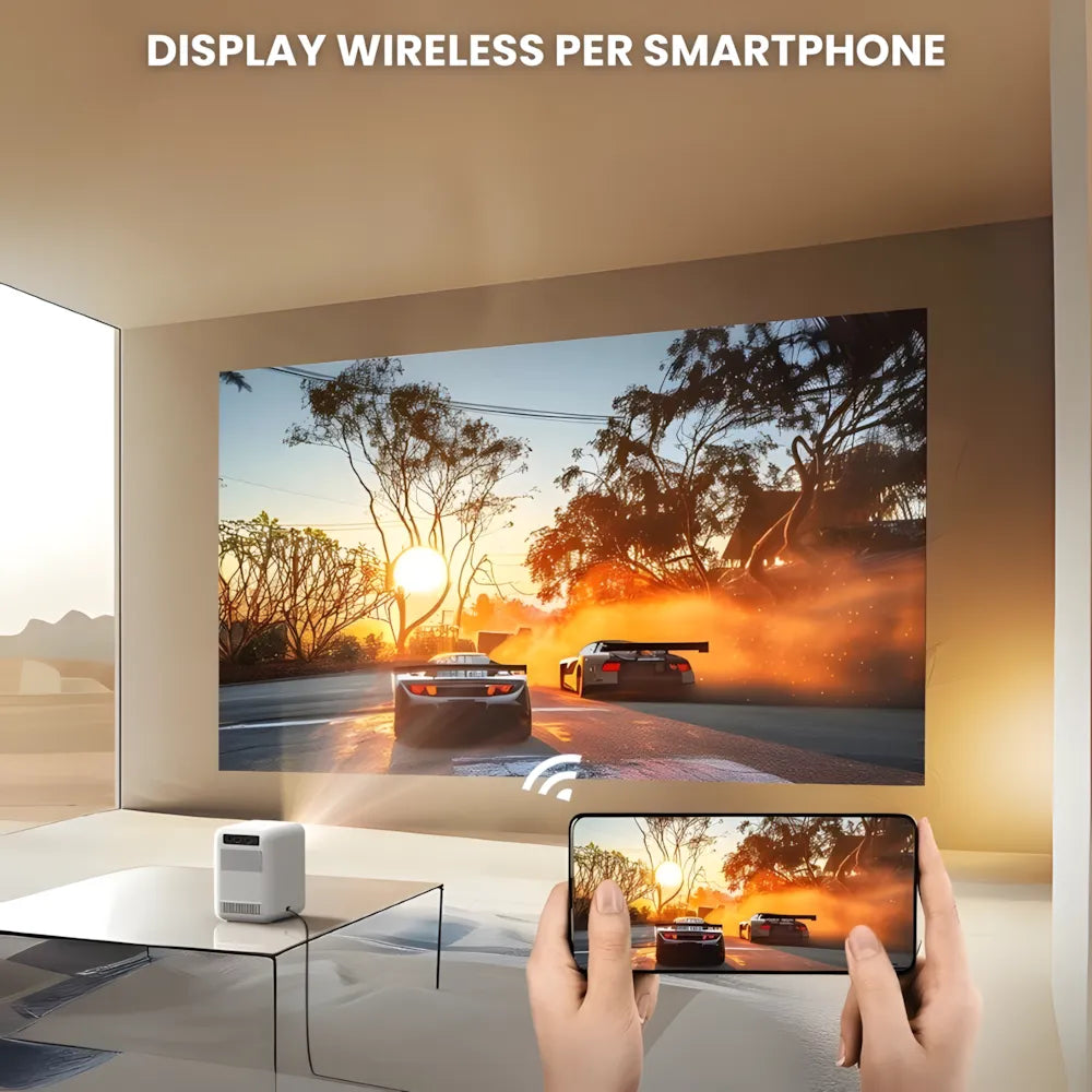 Mini proiettore compatto Android: HD 720p, auto focus, 300 ANSI lumen, anti-polvere e streaming fino a 200 pollici senza box esterno