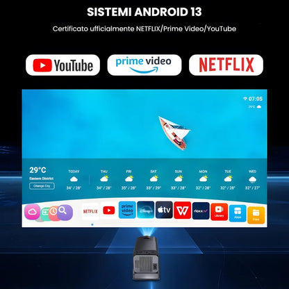 Proiettore portatile smart Full HD 1080p: Android 13, 500 ANSI lumen, base rotante, Wi-Fi 6 e streaming Netflix ovunque