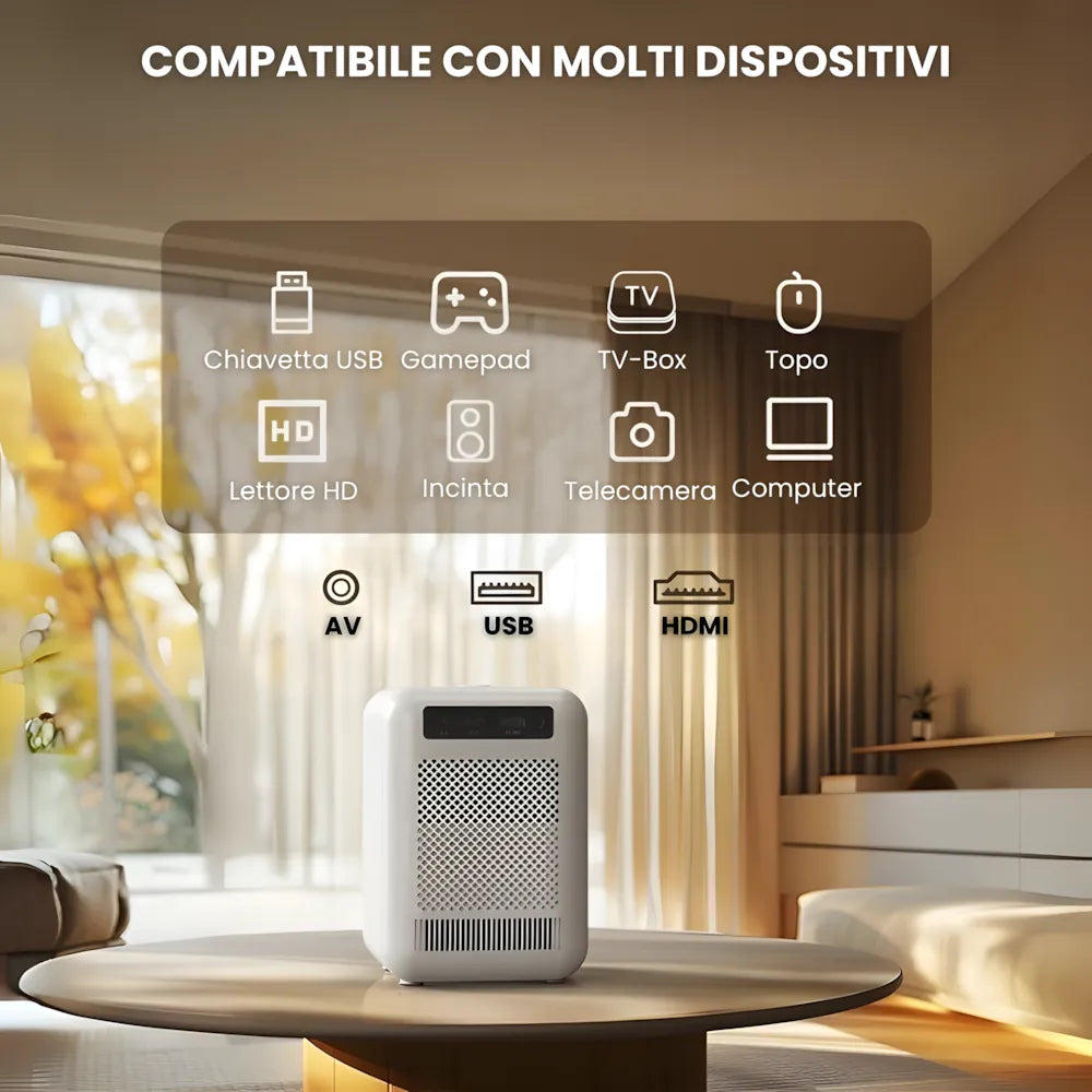 Mini proiettore compatto Android: HD 720p, auto focus, 300 ANSI lumen, anti-polvere e streaming fino a 200 pollici senza box esterno