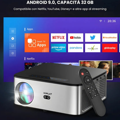 Proiettore home cinema Full HD 1100 ANSI: Android 9.0, autofocus, Wi-Fi 5G, Bluetooth 5.1 per streaming, gaming e cinema senza limiti