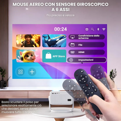 Proiettore portatile Full HD Android 11: 650 ANSI, autofocus, Wi-Fi 6, Bluetooth 5.2 e rotazione 360° per cinema, gaming e streaming ovunque