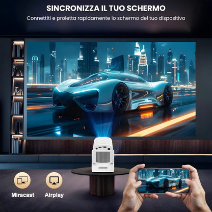 Proiettore portatile intelligente Full HD: cinema ovunque senza cavi, Android 11, WiFi 6 e autofocus per immagini perfette