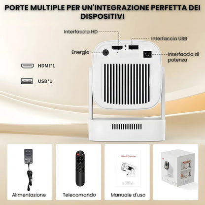 Proiettore portatile intelligente Full HD: cinema ovunque senza cavi, Android 11, WiFi 6 e autofocus per immagini perfette