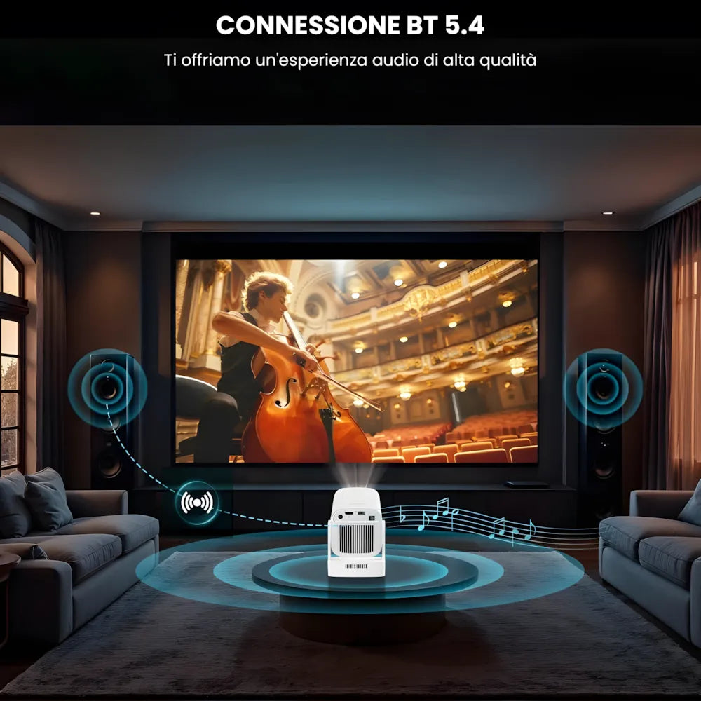 Proiettore portatile intelligente Full HD: cinema ovunque senza cavi, Android 11, WiFi 6 e autofocus per immagini perfette