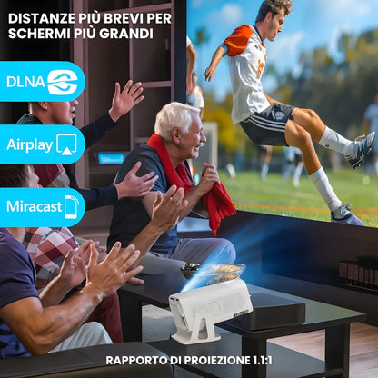 Proiettore portatile smart Full HD 1080p: Android 13, 500 ANSI lumen, base rotante, Wi-Fi 6 e streaming Netflix ovunque
