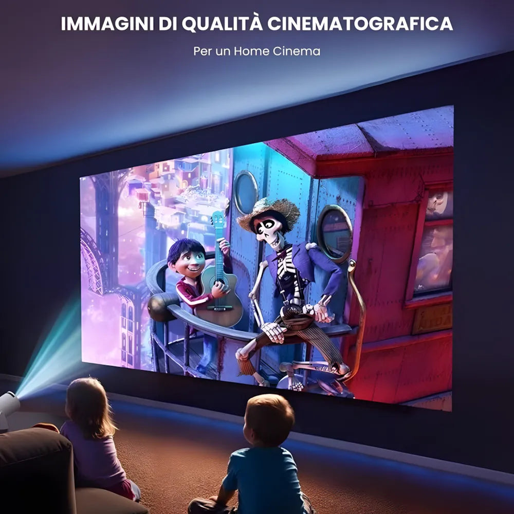 Mini proiettore HD portatile Android: base rotante 180°, autofocus, WiFi 6, Bluetooth e proiezione su muro o soffitto fino a 135”