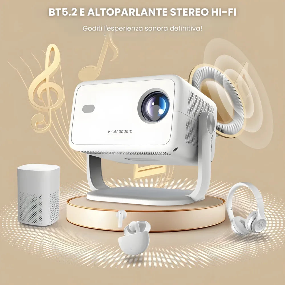 Proiettore portatile Full HD Android 11: 650 ANSI, autofocus, Wi-Fi 6, Bluetooth 5.2 e rotazione 360° per cinema, gaming e streaming ovunque