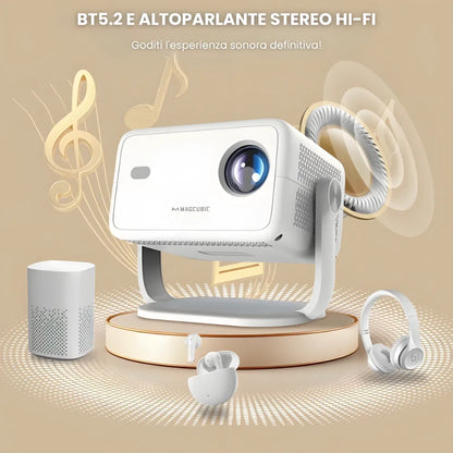 Proiettore portatile Full HD Android 11: 650 ANSI, autofocus, Wi-Fi 6, Bluetooth 5.2 e rotazione 360° per cinema, gaming e streaming ovunque