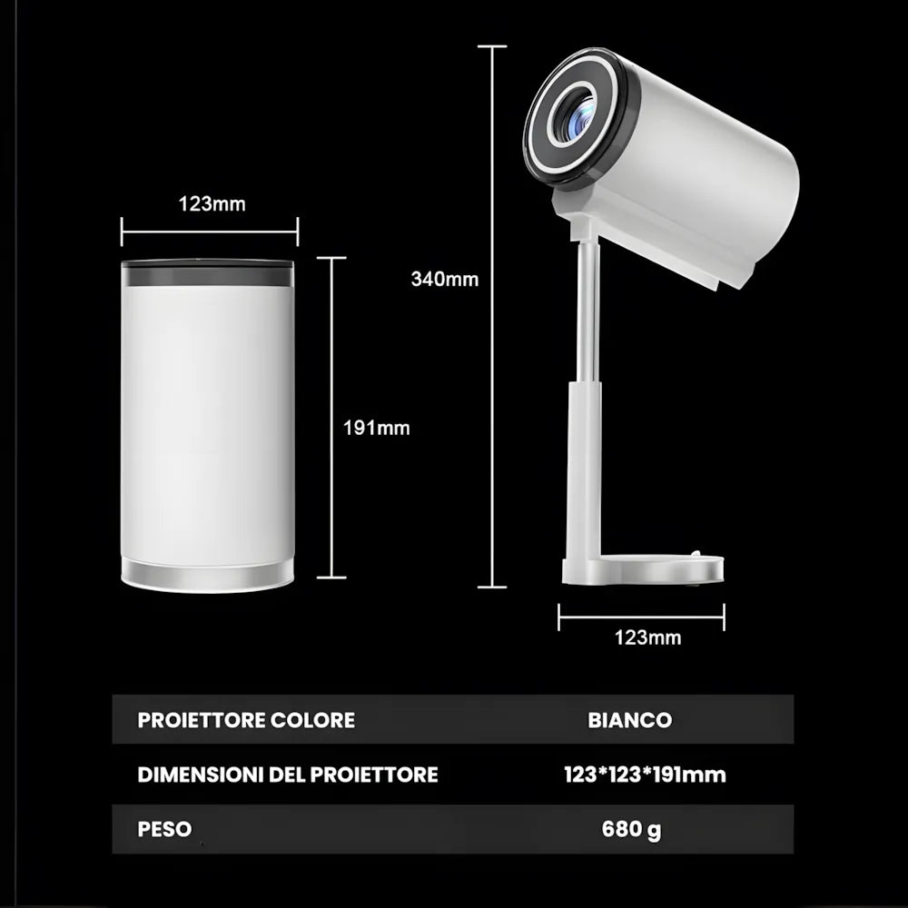 Mini proiettore portatile Android 13: 500 ANSI lumen, Wi-Fi 5G, rotazione 90°, plug and play per cinema ovunque