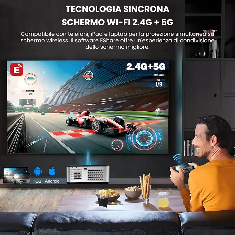 Proiettore home cinema Full HD 1100 ANSI: Android 9.0, autofocus, Wi-Fi 5G, Bluetooth 5.1 per streaming, gaming e cinema senza limiti