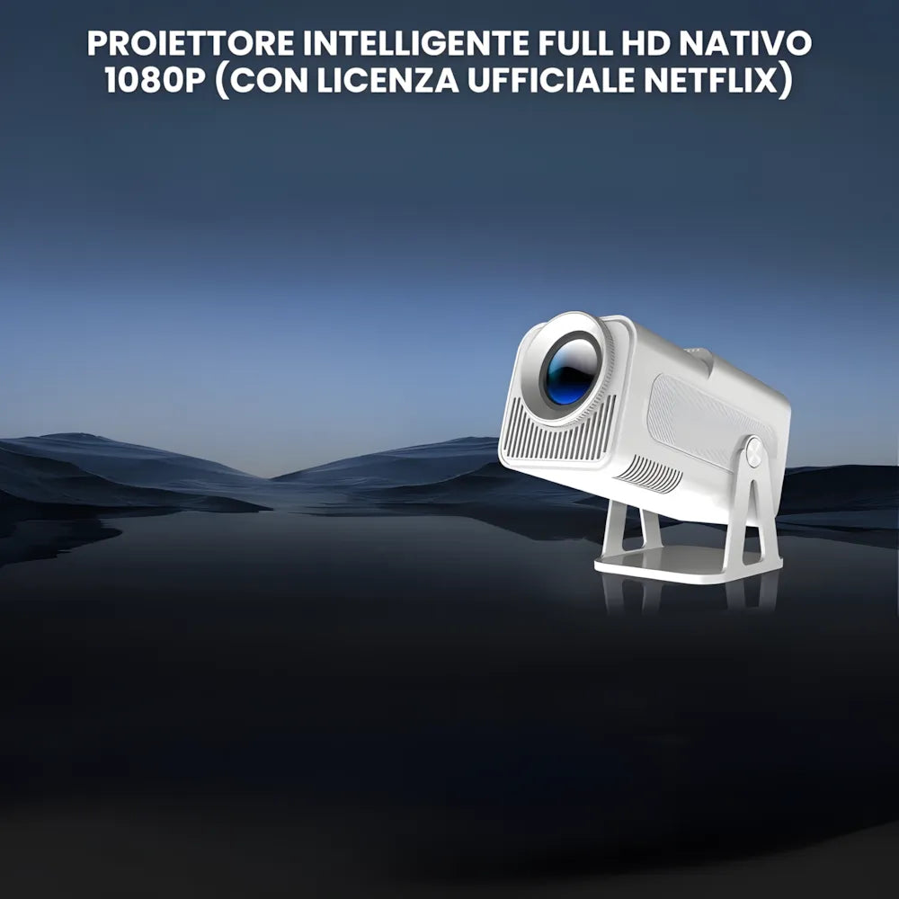 Proiettore portatile smart Full HD 1080p: Android 13, 500 ANSI lumen, base rotante, Wi-Fi 6 e streaming Netflix ovunque