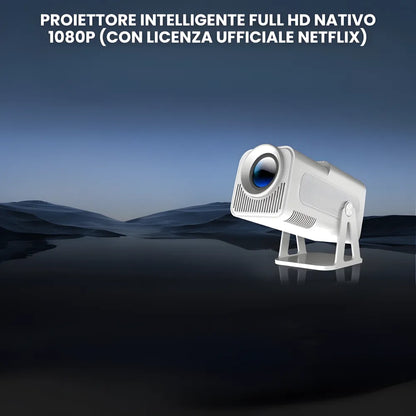Proiettore portatile smart Full HD 1080p: Android 13, 500 ANSI lumen, base rotante, Wi-Fi 6 e streaming Netflix ovunque