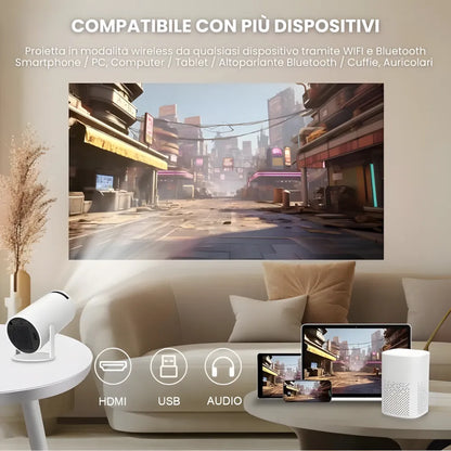 Mini proiettore HD portatile Android: base rotante 180°, autofocus, WiFi 6, Bluetooth e proiezione su muro o soffitto fino a 135”