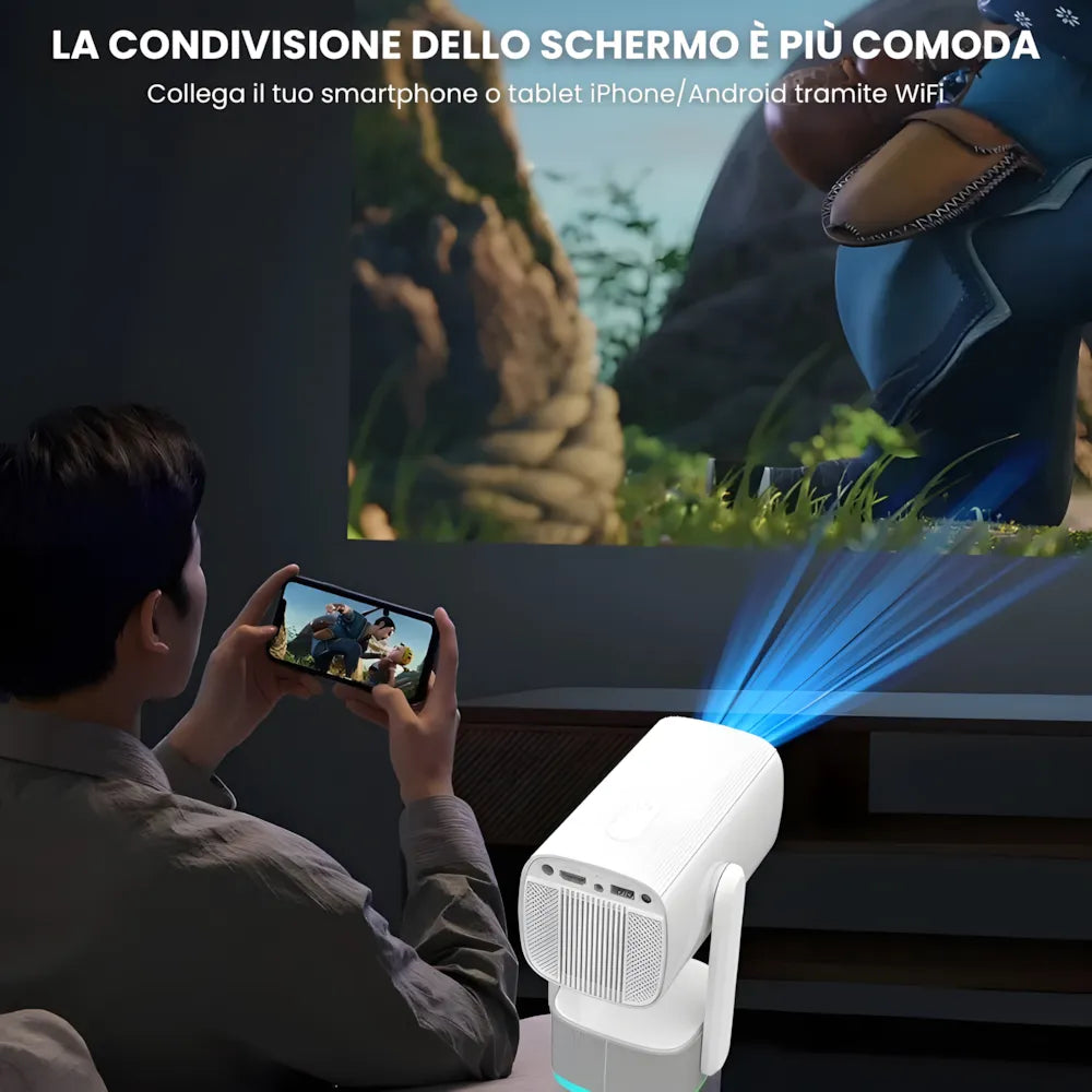 Proiettore Portatile Flessibile Android 11 – Angolo 230°, Autofocus, Batteria, WiFi 5G, Bluetooth 5.2, Audio 10W