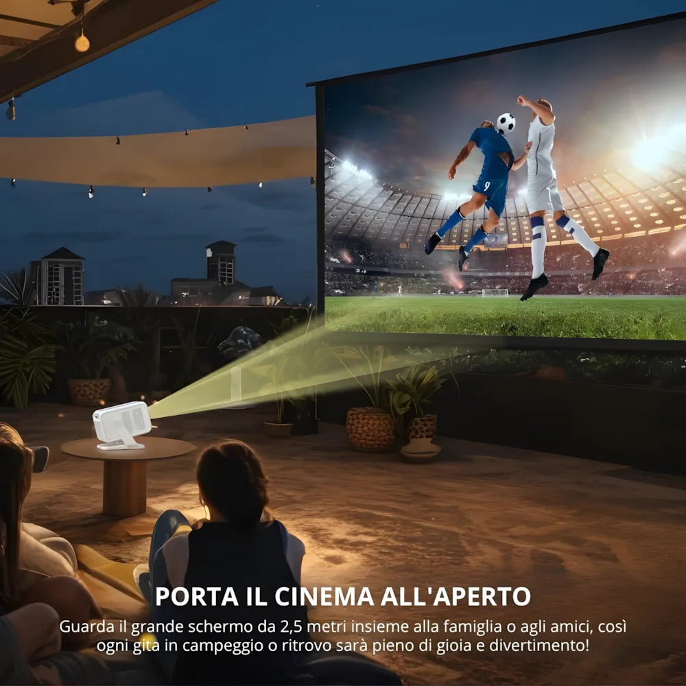 Proiettore portatile Full HD Android 11: autofocus, Wi-Fi 6, Bluetooth 5.2 supporto 180°, 420 ANSI lumen e streaming fino a 300 pollici ovunque