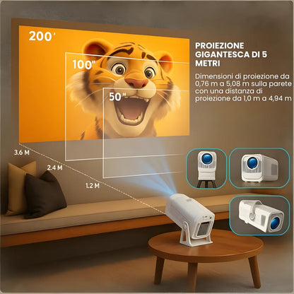 Proiettore portatile smart Full HD 1080p: Android 13, 500 ANSI lumen, base rotante, Wi-Fi 6 e streaming Netflix ovunque