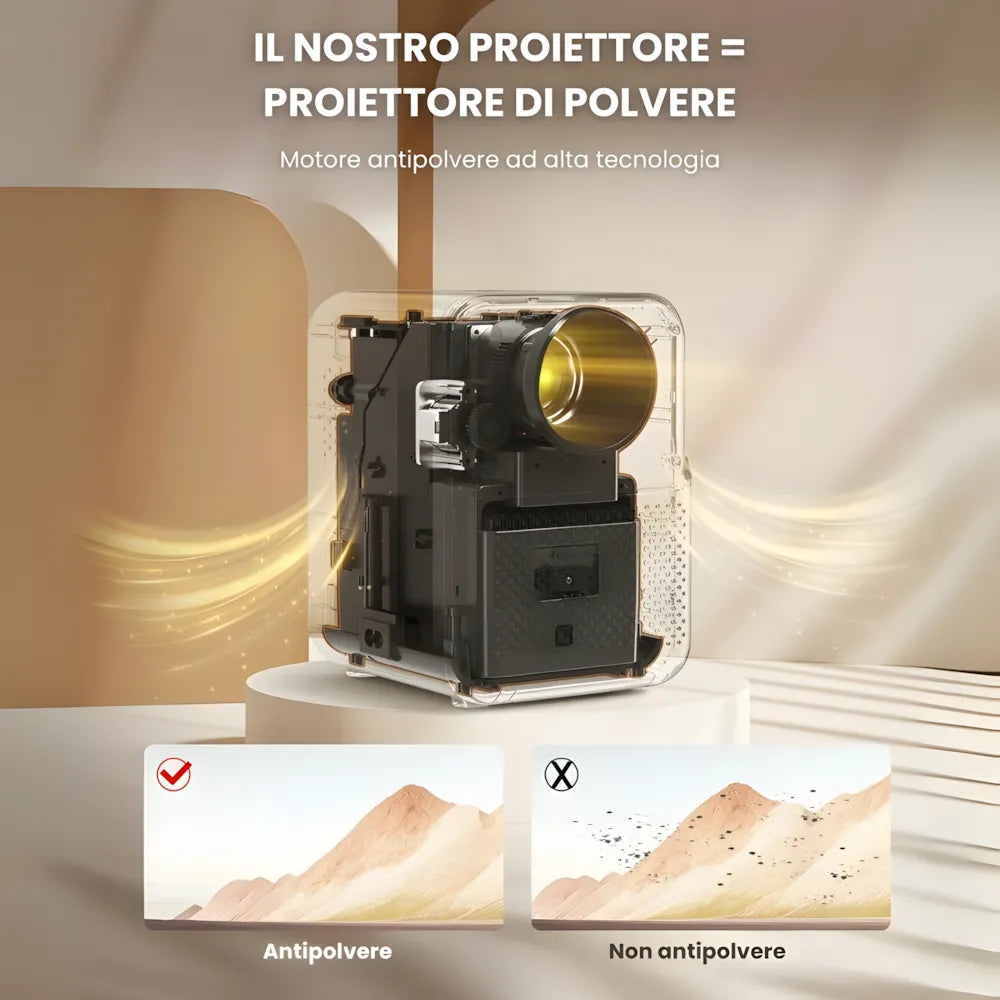 Mini proiettore compatto Android: HD 720p, auto focus, 300 ANSI lumen, anti-polvere e streaming fino a 200 pollici senza box esterno