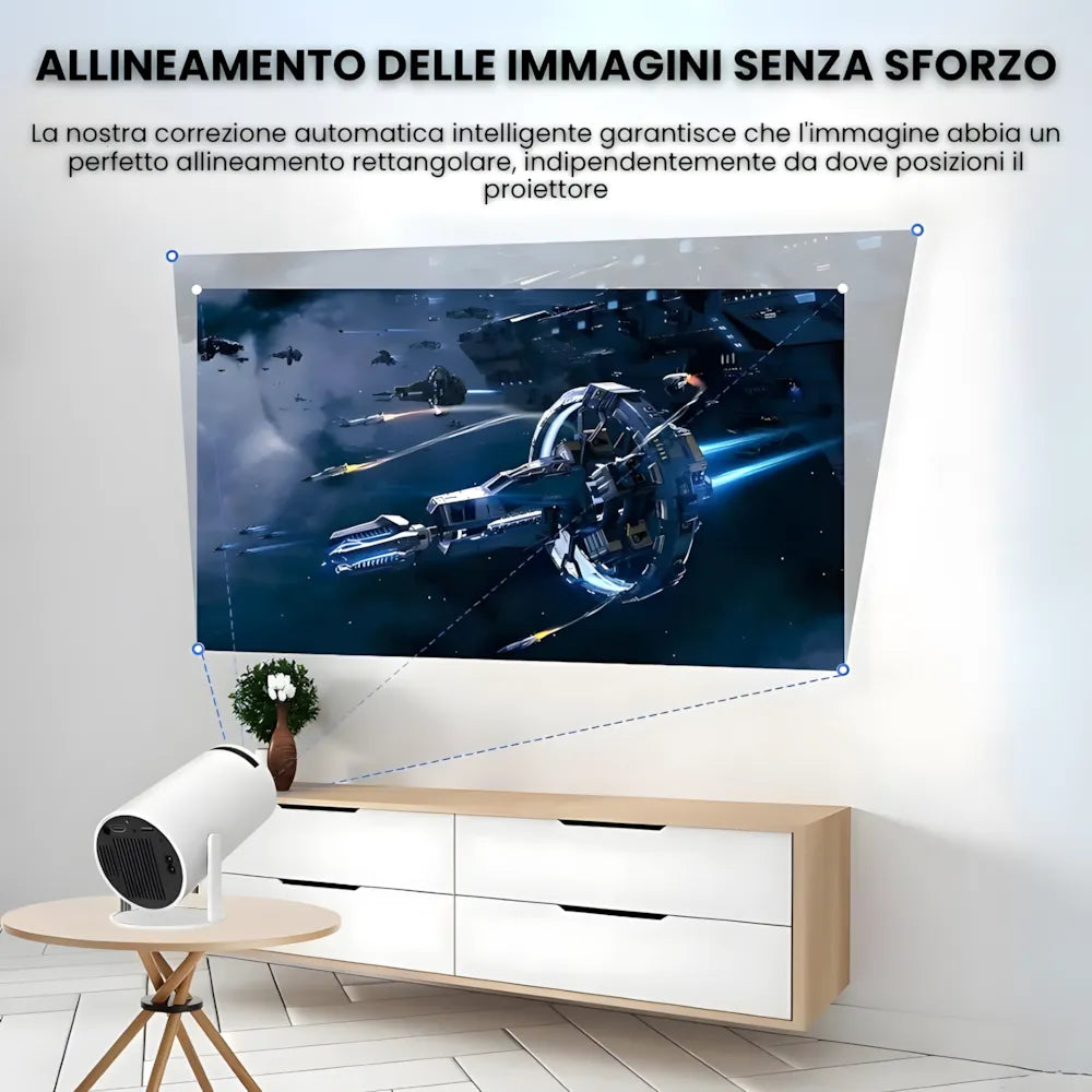 Mini proiettore HD portatile Android: base rotante 180°, autofocus, WiFi 6, Bluetooth e proiezione su muro o soffitto fino a 135”
