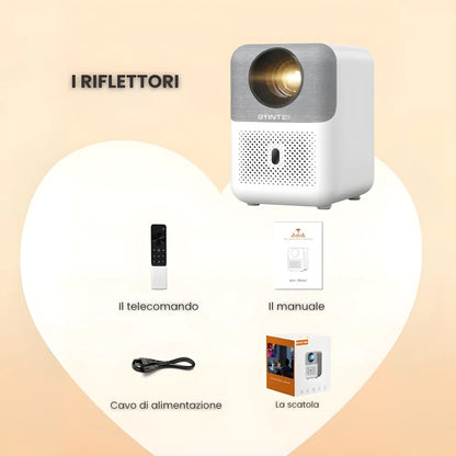 Mini proiettore compatto Android: HD 720p, auto focus, 300 ANSI lumen, anti-polvere e streaming fino a 200 pollici senza box esterno